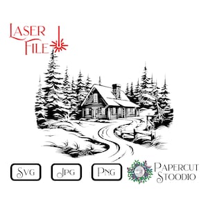 Laser Engrave File, Snow Cabin #1 SVG, LightBurn GlowForge Wood Burn Digital Download Wood Sign Personalized Gift Home Decor Cutting Board