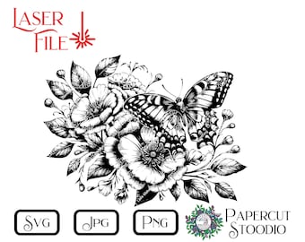 Laser Engrave File, Butterfly Flowers SVG, Spring Garden Flowers Rustic Garden Sign LightBurn GlowForge Personalized Gifts