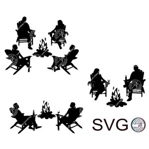 Personas en fogatas de Adirondack SVG, personas que acampan alrededor de una fogata Cricut Amigos del lago Adirondack Silla Taza Letrero Vino Cerveza