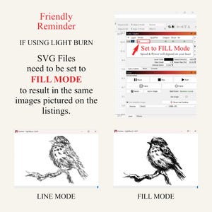 Może przedstawiać: Zrzut ekranu z oprogramowania pokazujący instrukcje dotyczące używania plik&oacute;w SVG z Light Burn. Tekst brzmi "Friendly Reminder" i wyjaśnia, że pliki SVG muszą być ustawione na "FILL MODE". Pokazano dwie ilustracje ptak&oacute;w, jedną w "LINE MODE", a drugą w "FILL MODE".