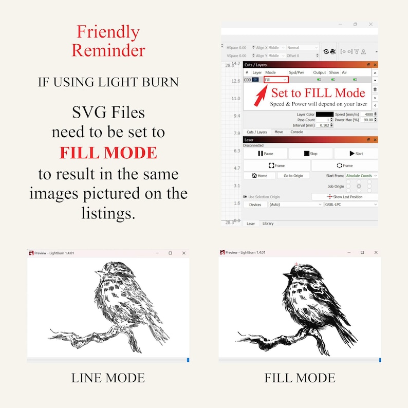 Może przedstawiać: Zrzut ekranu z oprogramowania pokazujący instrukcje dotyczące używania plik&oacute;w SVG z Light Burn. Tekst brzmi "Friendly Reminder" i wyjaśnia, że pliki SVG muszą być ustawione na "FILL MODE". Pokazano dwie ilustracje ptak&oacute;w, jedną w "LINE MODE", a drugą w "FILL MODE".