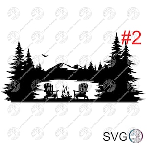 Lake Scene Adirondack Chairs Campfire Svg 2 , Lake And Forest Scene Svg Files For DIY T-shirt, Sticker, Mug, Wood Signs