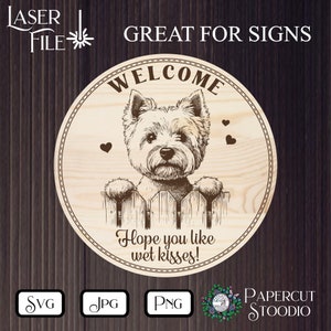 May include: A circular wooden sign featuring a dog illustration. The sign reads "WELCOME" and "Hope you like wet kisses!" The design includes a decorative border and the text "GREAT FOR SIGNS".