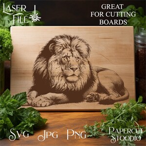 May include: A brown and white line art illustration of a lion lying down on a wooden cutting board. The text "GREAT FOR CUTTING BOARDS" is above the lion. The text "LASER FILE" is in the top left corner of the image. The text "SVG JPG PNG" is in the bottom left corner of the image. The text "PAPERCUT STOODIO" is in the bottom right corner of the image.