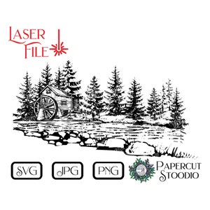 Gravur SVG Wassermühle Schneidebrett Malerische Landschaft Bauernhaus Dekor Rustikaler digitaler Download Charcuterie Brett Holz personalisiertes Geschenk
