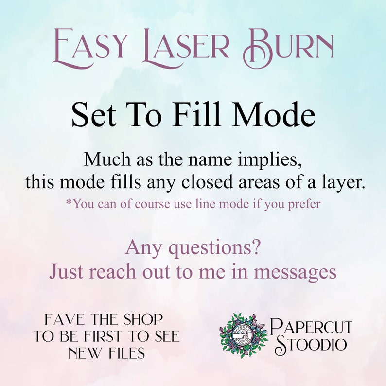 May include: A graphic with the text "EASY LASER BURN" and "Set To Fill Mode". The text explains that this mode fills any closed areas of a layer. The graphic also includes the text "FAVE THE SHOP TO BE FIRST TO SEE NEW FILES" and a logo for "PAPERCUT STOODIO".
