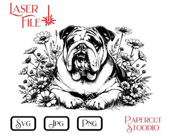 Bulldog Flowers Laser Engraving File, SVG PNG JPG (Digital Download)