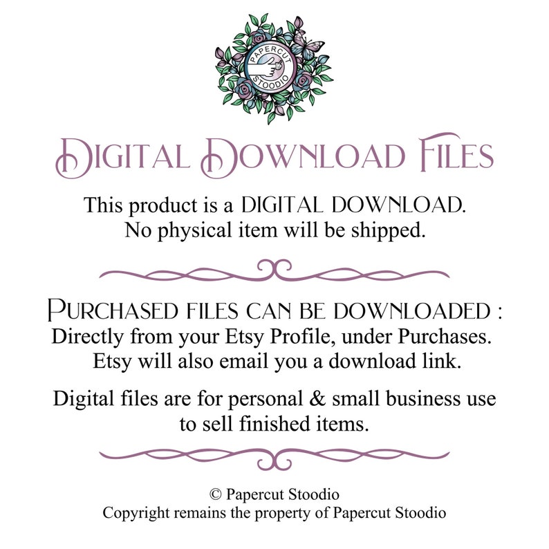 Puede incluir: Un gr&aacute;fico de archivo de descarga digital con el texto "DIGITAL DOWNLOAD FILES" en fuente morada. El texto debajo dice "Este producto es una DESCARGA DIGITAL. No se enviar&aacute; ning&uacute;n art&iacute;culo f&iacute;sico." El texto debajo de eso dice "LOS ARCHIVOS COMPRADOS SE PUEDEN DESCARGAR: Directamente desde tu perfil de Etsy, en Compras. Etsy tambi&eacute;n te enviar&aacute; un enlace de descarga." El texto debajo de eso dice "Los archivos digitales son para uso personal y comercial para vender art&iacute;culos terminados." El texto en la parte inferior dice "&copy; Papercut Stoodio Copyright remains the property of Papercut Stoodio".