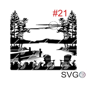 Lago Scena Adirondack Sedie Campfire Svg, File Svg Scena di Lago e Foresta senza cornice per T-shirt fai da te, Adesivo, Tazza, Cartelli in legno