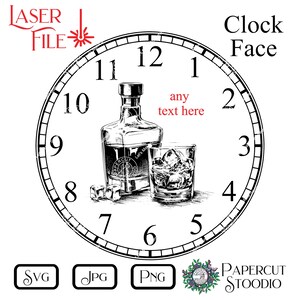 May include: Black and white illustration of a clock face with a bottle of liquor and a glass of ice. The clock face has Roman numerals and the text "any text here" is written in the center.