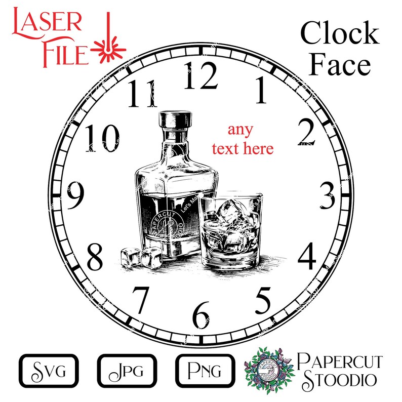 May include: Black and white illustration of a clock face with a bottle of liquor and a glass of ice. The clock face has Roman numerals and the text "any text here" is written in the center.