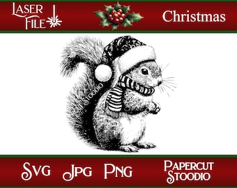 May include: A monochrome illustration of a squirrel, dressed in a Christmas hat and scarf. The image features the text "Christmas", "Laser File", "SVG JPG PNG", and "Papercut Stoodio". The squirrel is depicted in a festive pose.