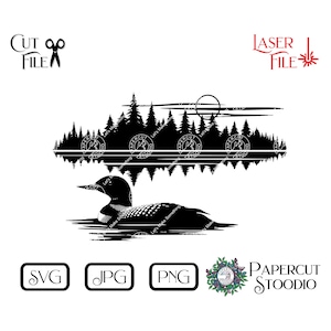Lake Loon Scene Svg, Lake And Forest Scene Svg Files For DIY Laser, CNC, Shirt, Sticker, Mug,  Wood Signs