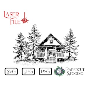 Könnte beinhalten: Schwarz-weiß-Linienzeichnung einer Hütte im Wald. Die Hütte hat eine Veranda und eine Treppe, die zur Haustür führt. Es gibt drei Kiefern, die die Hütte umgeben.