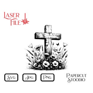 May include: Black and white line art illustration of a wooden cross with a butterfly flying above it. The cross is surrounded by a field of flowers.