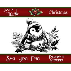 Archivo de grabado láser, acogedor pingüino navideño SVG, PNG Jpg Descarga digital instantánea para carteles Tablas de cortar Regalos personalizados Decoración navideña