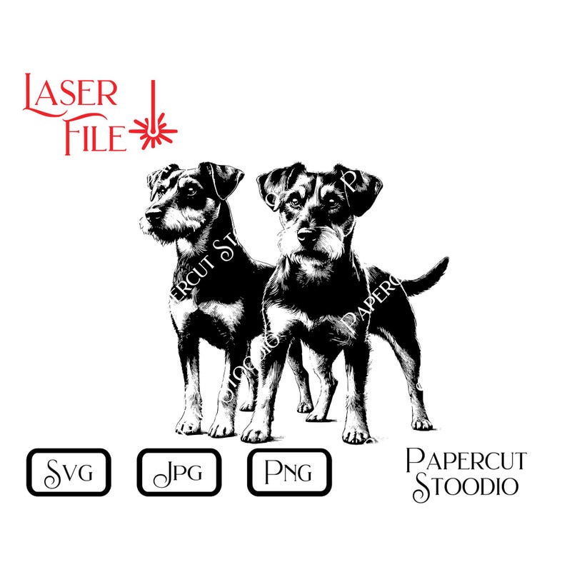 Może przedstawiać: Czarno-biała ilustracja dw&oacute;ch ps&oacute;w stojących obok siebie. Obraz zawiera tekst "LASER FILE" oraz ikony typ&oacute;w plik&oacute;w dla SVG, JPG i PNG. Psy mają kr&oacute;tką sierść.