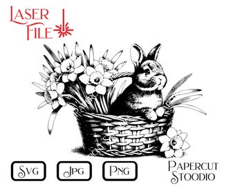 Laser Engrave File, Basket Bunny SVG, LightBurn GlowForge Signs Cutting Boards Coasters for Lake House Cottage Rustic Personalized Gifts