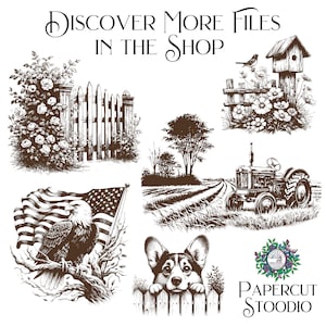 Puede incluir: Una colecci&oacute;n de ilustraciones en blanco y negro que representan una granja, un tractor, una casita para p&aacute;jaros, una valla, un perro, un &aacute;guila y una bandera estadounidense. Las ilustraciones son de estilo vintage y son perfectas para scrapbooking, la elaboraci&oacute;n de tarjetas u otros proyectos de artesan&iacute;a. Descubre m&aacute;s archivos en la tienda.