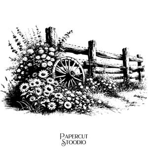 以下が含まれることがあります： 白黒のイラストで、素朴な風景を描いています。木製のフェンスと荷車の車輪が、デイジーや野花に囲まれています。「PAPERCUT STOODIO」の文字が下部にあります。