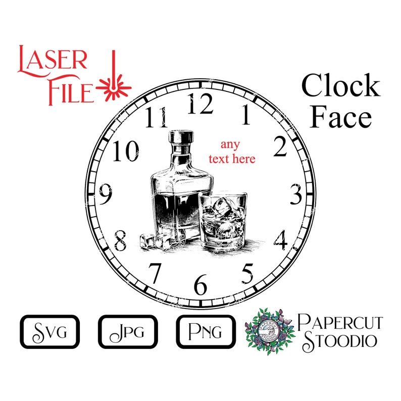 May include: Black and white illustration of a clock face with a bottle of liquor and a glass of ice. The clock face has Roman numerals and the text "any text here".