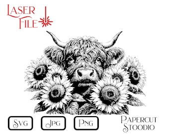 Highland Cow Sunflower Laser Engrave File SVG PNG JPG (Digital Download)