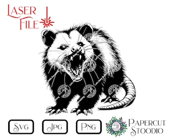 May include: Black and white line art illustration of a snarling opossum with its mouth open and teeth showing. The opossum is standing on all fours with its tail curled up behind it.