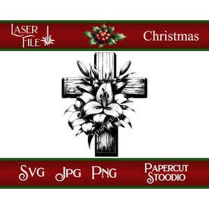 Arquivo de gravação a laser, lírios em cruz Svg, LightBurn GlowForge XTool Tábuas de corte de Natal Placas de madeira Chaveiro personalizado Presentes DIY