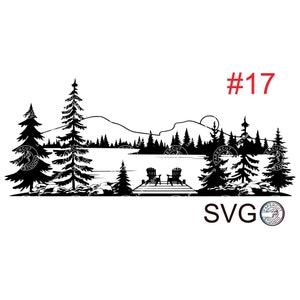 Molo sul lago in formato SVG, file SVG con scena di lago e foresta per magliette, adesivi, tazze e cartelli in legno fai da te