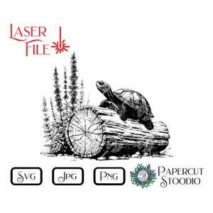 May include: Black and white line art illustration of a turtle sitting on a tree stump with a small forest behind it. The image is labelled "Laser File" and includes the words "SVG, JPG, PNG, Papercut Stoodio".