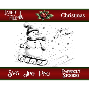 Lasergraveerbestand, sleeën sneeuwpop Svg, LightBurn GlowForge XTool kerst snijplanken houten ronde cadeaukaartjes Home decor borden kaarten
