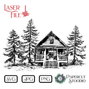 Mountain Cabin Laser Cut File, Scenic Forest SVG PNG JPG (digital ...