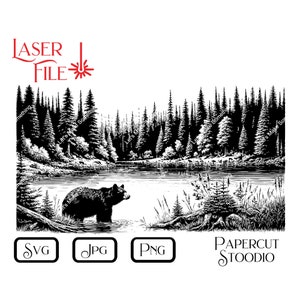 Fichier de gravure laser, Black Bear Crossing SVG, LightBurn GlowForge Wood Burn Lodge signes planche à découper bois Art cadeau personnaliser ours noir