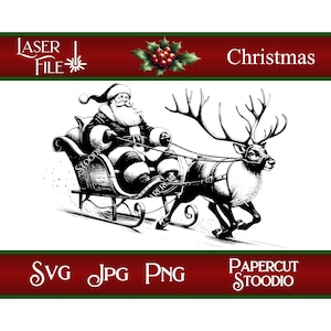 Arquivo de gravação a laser, trenó do Papai Noel Svg, Png e Jpeg Placas de Natal Tábuas de corte Etiquetas de presente personalizadas de madeira Decoração para casa LightBurn GlowForge