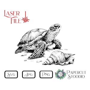 Puede incluir: Ilustración en blanco y negro de línea de una tortuga marina con la cabeza levantada, caminando sobre la arena con una concha a su lado. La imagen está etiquetada como "Laser File" e incluye las palabras "SVG, JPG, PNG, Papercut Stoodio".