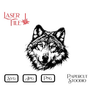 May include: Black and white line art illustration of a wolf's head. The wolf is looking directly at the viewer. The image is labeled "Laser File" and includes the file types "SVG", "JPG", and "PNG".