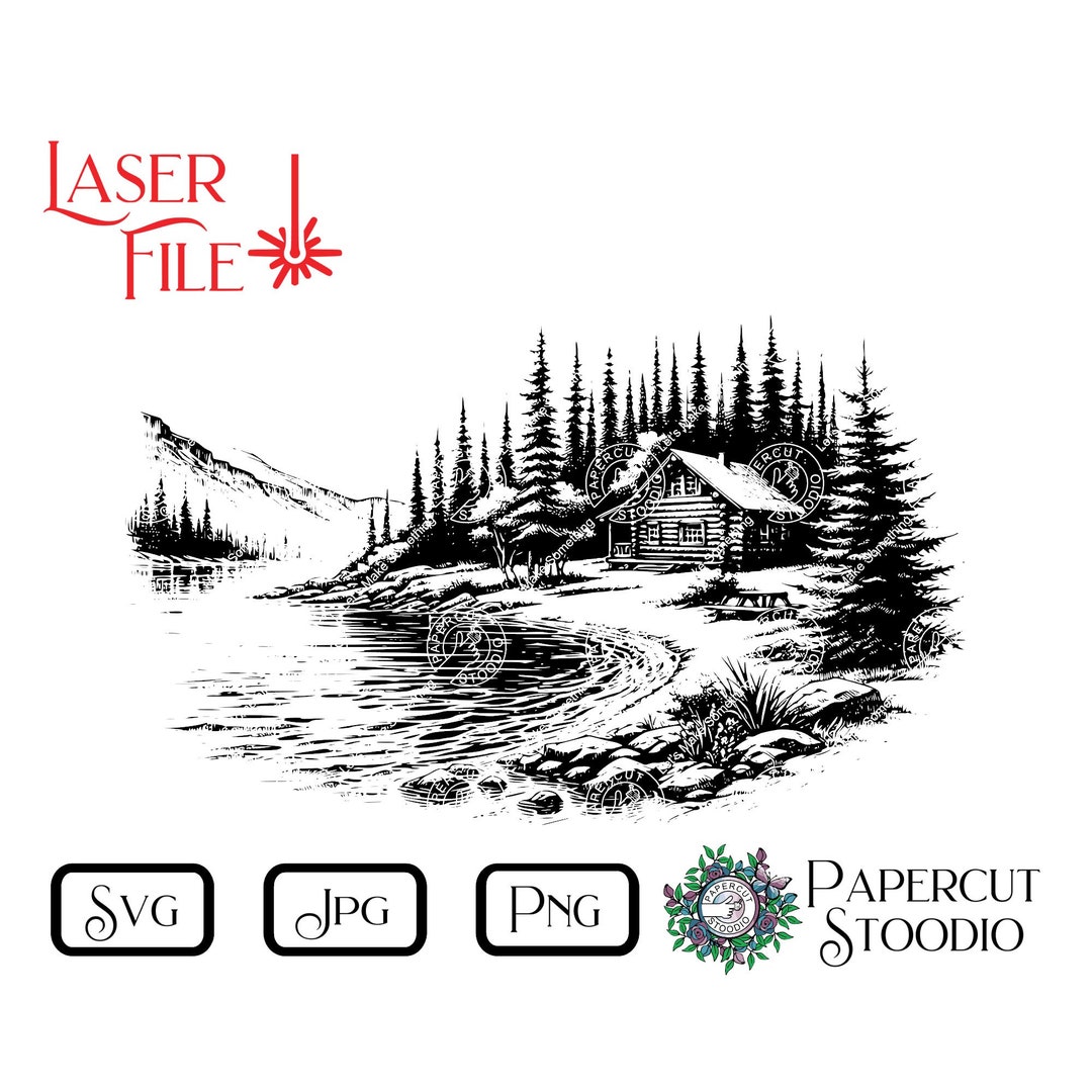 Lake Cabin Scene Laser Engrave File, Wood Sign, Lightburn Glowforge ...