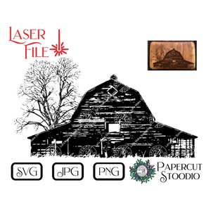 May include: Black and white silhouette of a weathered barn with a tree in front. The barn has a large door and several windows. The image is a digital file for laser cutting.