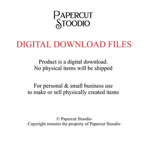 Może przedstawiać: Białe tło z czarnym tekstem "PAPERCUT STOODIO", "PLIKI DO POBRANIA CYFROWO" na czerwono. Tekst m&oacute;wi, że produkt jest do pobrania cyfrowo, żadne fizyczne przedmioty nie są wysyłane. Do użytku osobistego i małych firm.