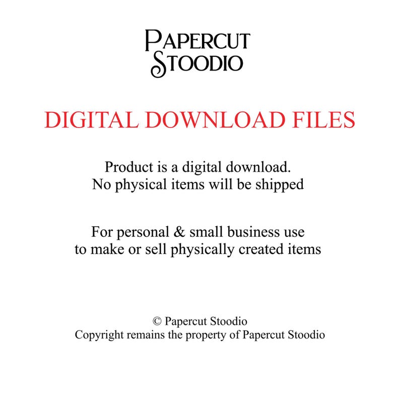 Może przedstawiać: Białe tło z czarnym tekstem "PAPERCUT STOODIO", "PLIKI DO POBRANIA CYFROWO" na czerwono. Tekst m&oacute;wi, że produkt jest do pobrania cyfrowo, żadne fizyczne przedmioty nie są wysyłane. Do użytku osobistego i małych firm.