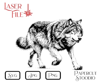 May include: Black and white illustration of a wolf walking, with detailed fur texture. The image includes the text "LASER FILE" in red, and file type icons for SVG, JPG, and PNG. The words "PAPERCUT STOODIO" are also present.