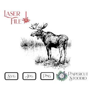 Arquivo de gravação a laser, Standing Moose SVG, LightBurn GlowForge Wood Burn DIY Project Placa de corte de madeira Cabine de caça Decoração rústica para casa
