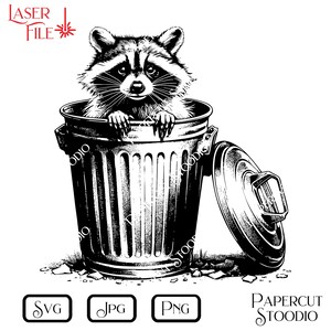 Pode incluir: Uma ilustra&ccedil;&atilde;o em preto e branco de um guaxinim espiando de um lixo com a tampa aberta. O guaxinim est&aacute; olhando para o espectador com uma express&atilde;o curiosa.