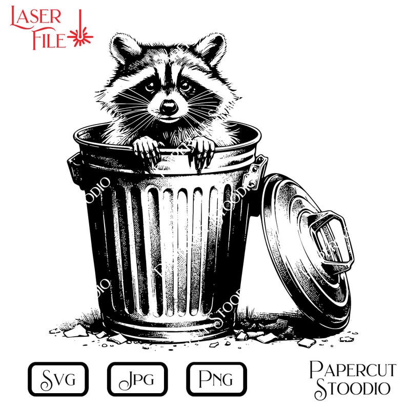 Pode incluir: Uma ilustra&ccedil;&atilde;o em preto e branco de um guaxinim espiando de um lixo com a tampa aberta. O guaxinim est&aacute; olhando para o espectador com uma express&atilde;o curiosa.