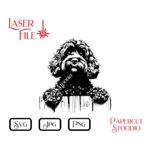 May include: Black and white illustration of a curly-haired dog peering over a wooden fence. The image includes the text "LASER FILE" and file type icons for SVG, JPG, and PNG. The words "PAPERCUT STOODIO" are also present.