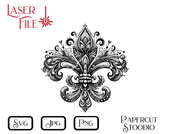 Laser Engrave File, Detailed Fleur de Lis SVG,  LightBurn GlowForge Wood Burn DIY Cutting Board Wood Sign Gift Home Decor