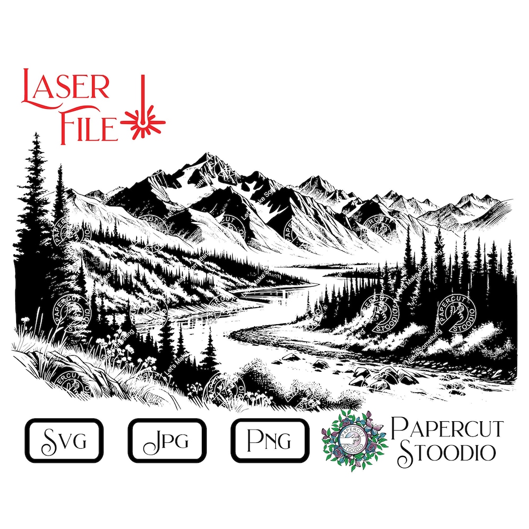 Mountain Landscape Laser Engrave SVG, Glowforge Lightburn File