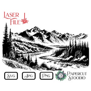 May include: Black and white illustration of a mountain range with a river winding through the valley. The mountains are jagged and snow-capped, and the river is flowing through a lush forest. The image is perfect for use in a variety of projects, such as scrapbooking, card making, and digital design.