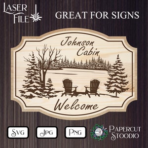 May include: A wooden sign with a cabin scene, two chairs by a lake, and the text "Johnson Cabin" and "Welcome".