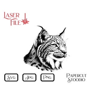 Pu&ograve; includere: Illustrazione in bianco e nero di una testa di lince in linea d'arte. Il lince sta guardando a destra. L'immagine &egrave; adatta per il taglio laser, il taglio della carta o la stampa digitale.